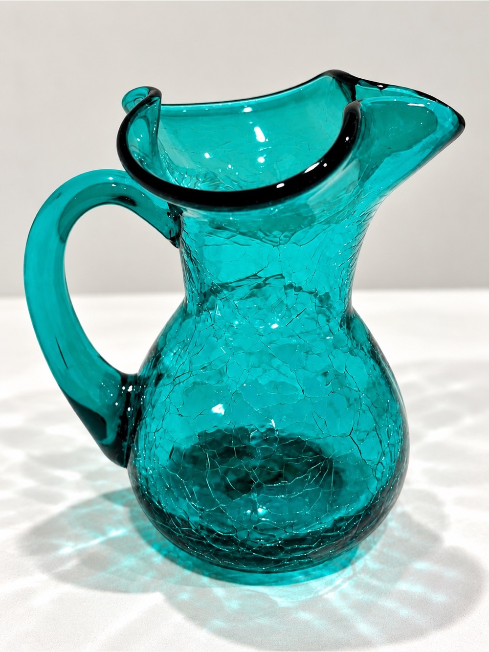 VTG Petite 4” Teal Blue Fluted Hand Blown Crackle Glass Pitcher Vase Creamer